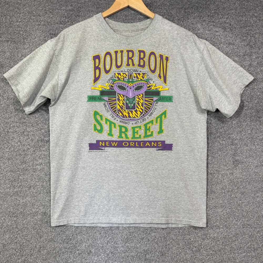 Vintage 1990 Bourbon Street New Orleans T-Shirt Mens XL Gray Mardi Gras 90s NOLA